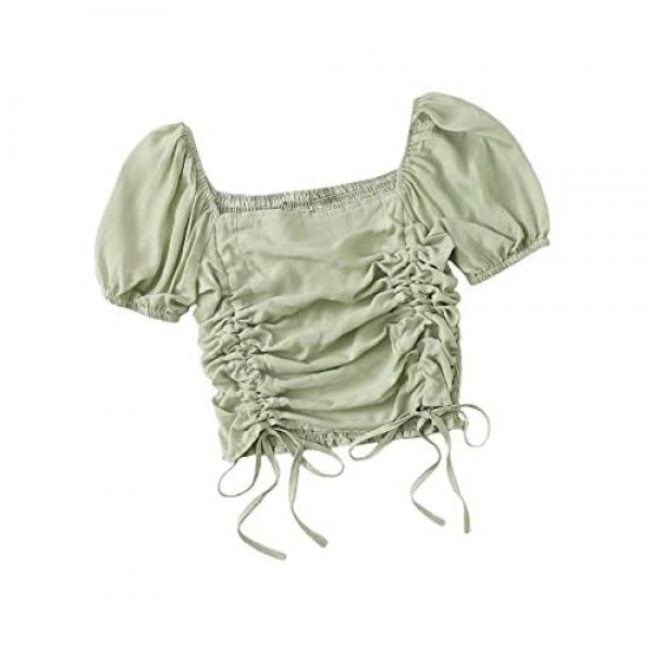 SheIn Women's Puff Short Sleeve Square Neck Shirred Drawstring Crop Blouse Top