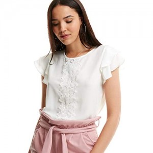 SheIn Women's Summer Ruffle Short Sleeve Lace Chiffon Blouse Workwear Top Shirts