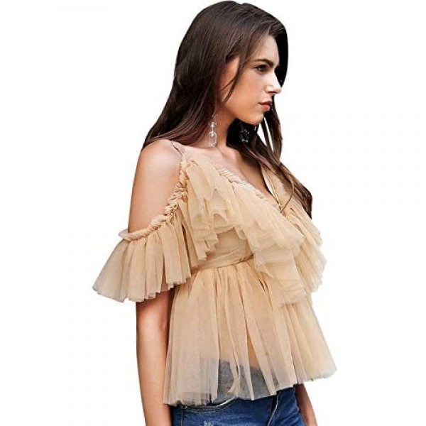 Simplee Women's Off Shoulder Sexy Ruffle Deep V Neck Blouse Shirt Lace Up Top