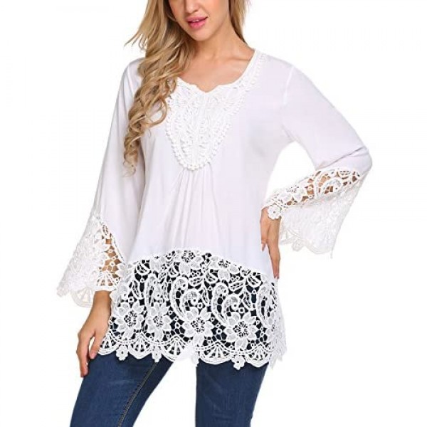 SoTeer Womens Casual V Neck Loose Top Flare Sleeve Lace Splice Blouse Shirt Tops S-XXL