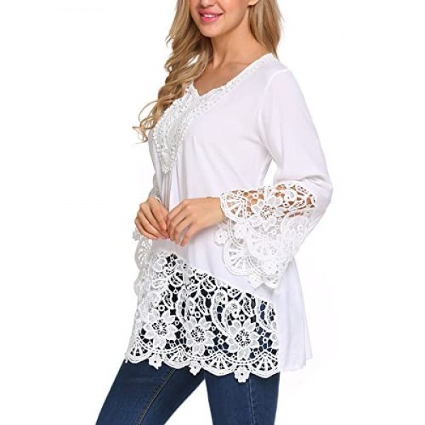SoTeer Womens Casual V Neck Loose Top Flare Sleeve Lace Splice Blouse Shirt Tops S-XXL