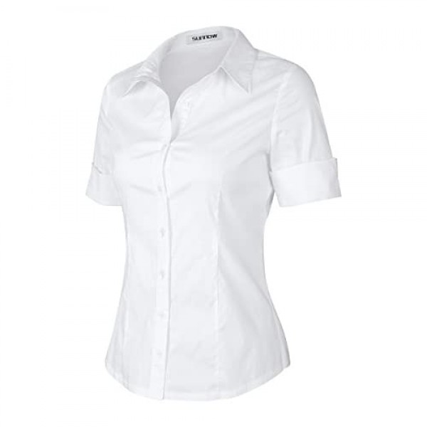 SUNNOW Womens Tailored Short Sleeve Basic Simple Button-Down Shirt with Stretch