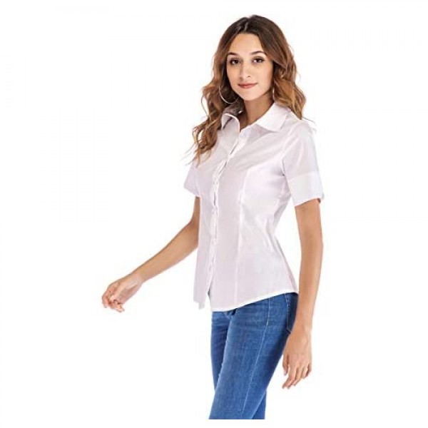 SUNNOW Womens Tailored Short Sleeve Basic Simple Button-Down Shirt with Stretch