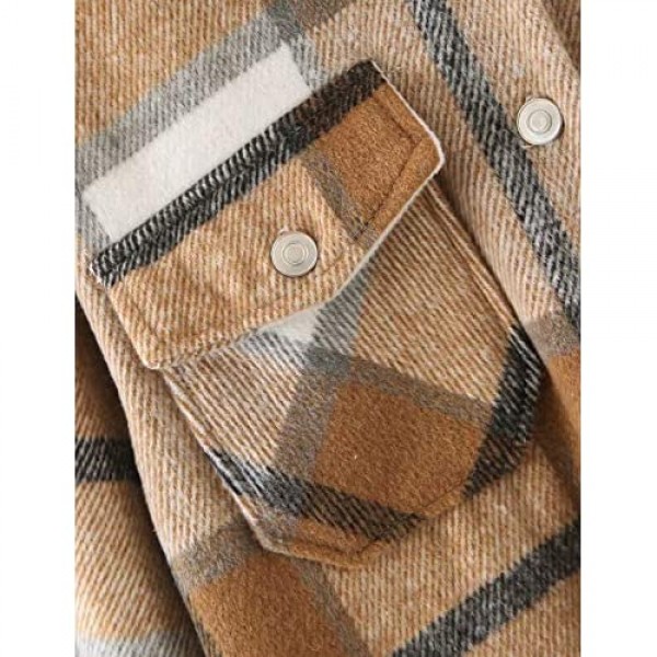 Tanming Womens Brushed Flannel Plaid Lapel Button Short Pocketed Shacket Shirts Coats