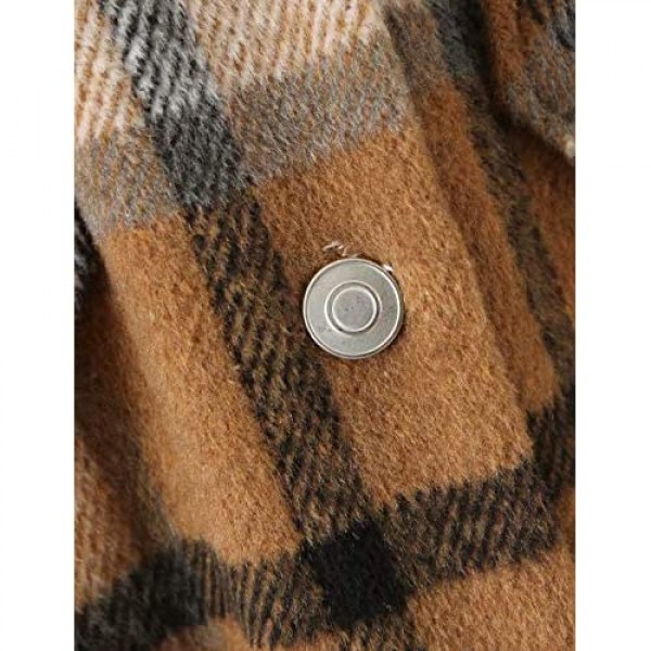 Tanming Womens Brushed Flannel Plaid Lapel Button Short Pocketed Shacket Shirts Coats