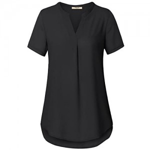 Timeson Women's V Neck Short Sleeve Curved Hem Sheer Chiffon Blouse Shirts Tops