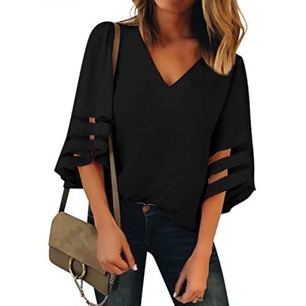 Utyful Women's Summer Casual V Neck Mesh Panel 3/4 Bell Sleeve Solid Loose Blouse Top
