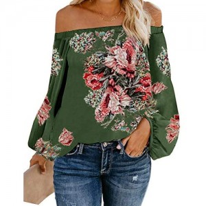 Valphsio Womens Oversized Floral Blouse Off Shoulder Lantern Sleeves Chiffon Flowy Tops