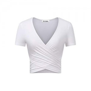 VETIOR Women's Deep V Neck Short Sleeve Unique Slim Fit Cross Wrap Shirts Crop Tops