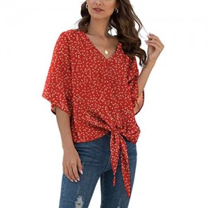 VIISHOW Womens Floral Tie Front Chiffon Blouses V Neck Batwing Short Sleeve Summer Tops Shirts