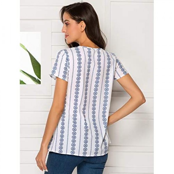 WLLW Women Bohemian Short Sleeve V Neck Floral Print Peplum Shirt Top Blouse Tee