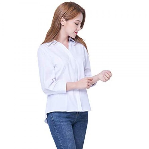 Women's Button Down Shirt 4-Way Stretch V Neck Blouse Wrinkle Resistant & Breathable 3/4 Sleeve Collared Work Top