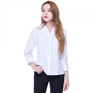 Women's Button Down Shirt  4-Way Stretch V Neck Blouse  Wrinkle Resistant & Breathable 3/4 Sleeve Collared Work Top