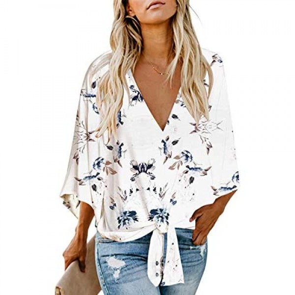 Women's Casual Floral Blouse Batwing Sleeve Loose Fitting Shirts Boho Knot Front Tops