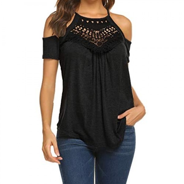 Women's Cold Shoulder Tops Summer Casual Short Sleeve Lace Loose Shirts Blouses