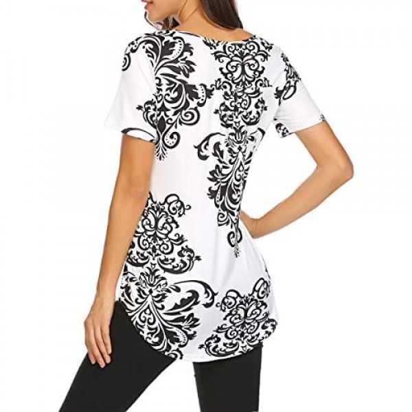 Women's Floral Printed Short Sleeve Henley V Neck T-Shirt Pleated Casual Flowy Tunic Blouse Tops