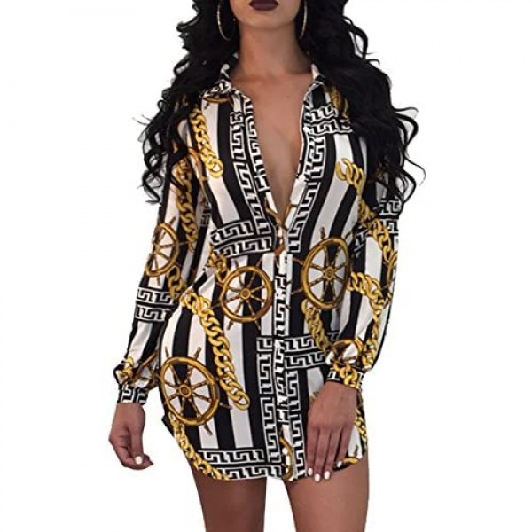 Women's Sexy Floral Print Simple Button Down Long Sleeve Collar Loose T-Shirt Blouse Tops Mini Dress