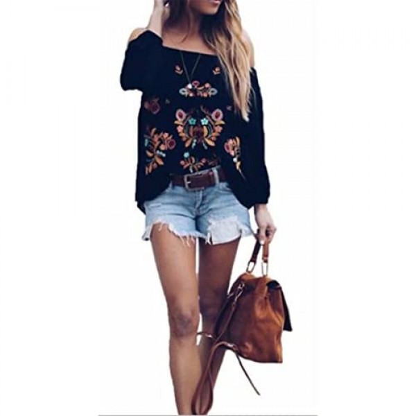 Womens Sexy Off The Shoulder Tops Long Sleeve Boho Floral Embroider Casual Blouse Shirt