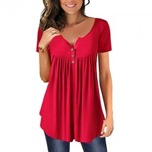 Women's Shirts Casual Blouse Short Sleeve Ruffle Button Up Tunic Tops Solid Color Fit Flare