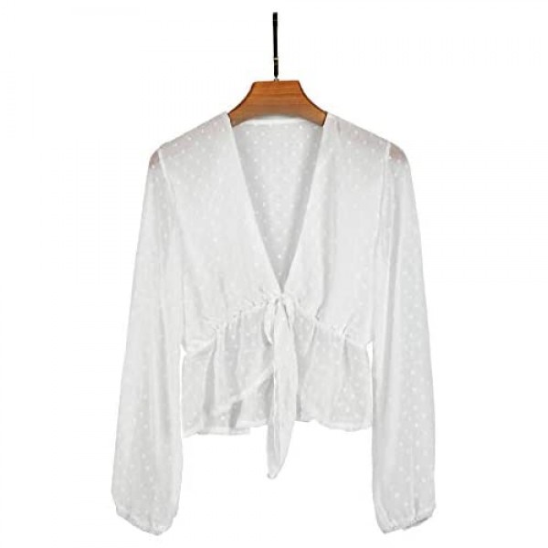 Women's Solid Open Front Tie Knot Crop Top Long Sleeve Deep V Neck Ruffle Chiffon Short Blouse Shirt White