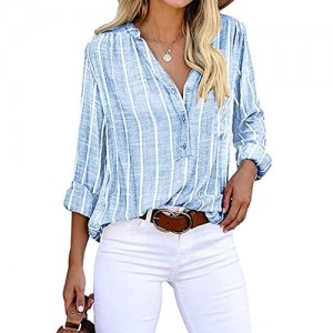 Yidarton Women's Long Sleeve V-Neck Stripes Casual Blouses Button Down Business Blouses Shirts