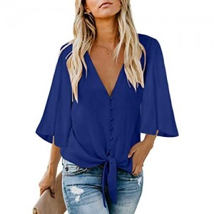 Zecilbo Women's Button Decoration Front Tie Knot Bell 3/4 Sleeve Shirt Tops V Neck Casual Loose Blouses