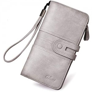 CLUCI Women Wallet Large Leather Designer Card Holder Organizer Long Ladies Travel Clutch Wristlet Gray