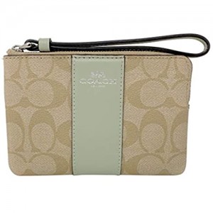 Coach Corner Zip Wristlet In Signature Coated Canvas With Pale Green Leather Stripe