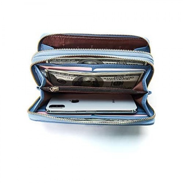Cyanb PU Leather Wristlet Cellphone Clutch Wallet Long Purse with Dual Zipper Removable Wrist Strap