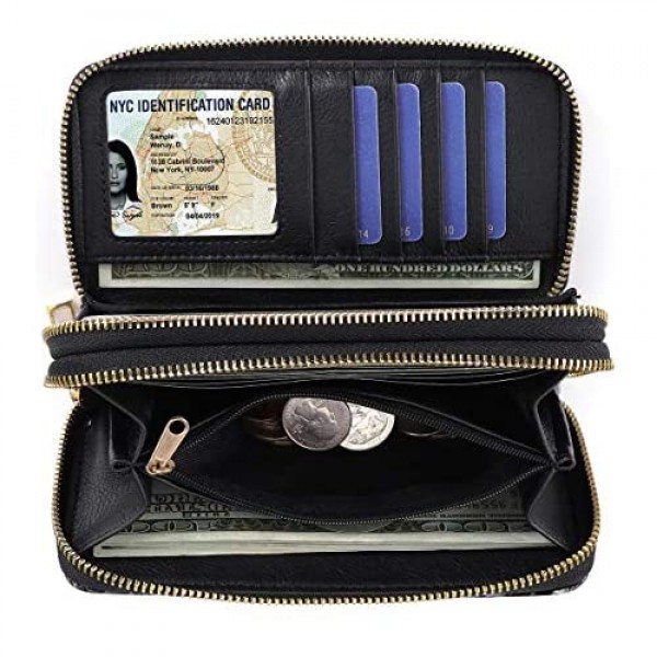 Double Zipper Long Clutch Wallet Cellphone Wallet for Women with Removable Wristlet Strap for Card Cash Coin Bill