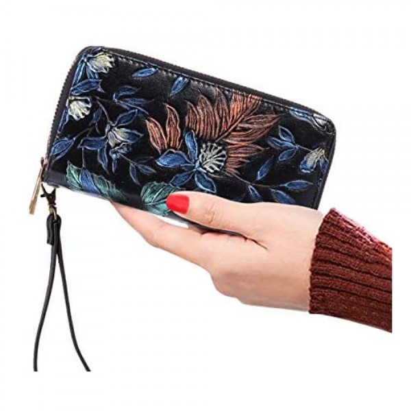 Double Zipper Long Clutch Wallet Cellphone Wallet for Women with Removable Wristlet Strap for Card Cash Coin Bill