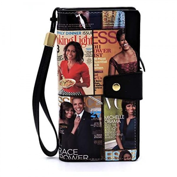 Glossy Magazine Cover Collage Michelle Obama Printed Clutch Wallet with Wristlet