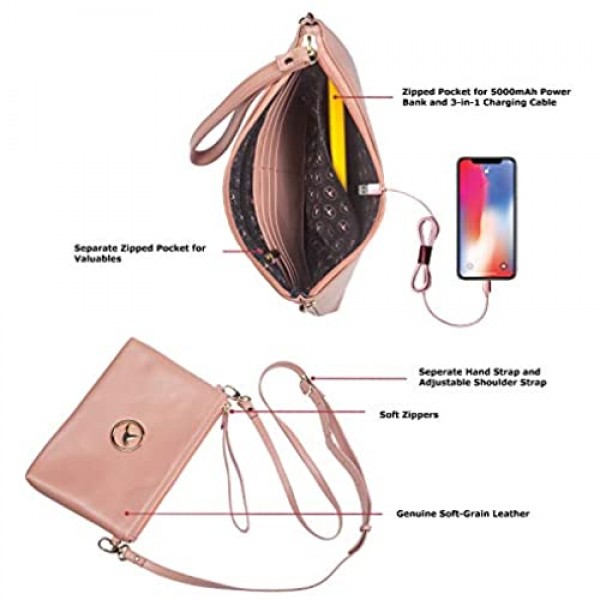 Hummingway Genuine Leather Wristlet Wallet Purse: Strap and Crossbody Wristlets with RFID and Phone Charger for Women