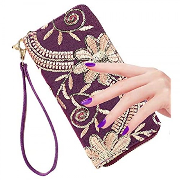 Laimi Duo Womens Floral Sequin Wallet Canvas Card Holder Phone Purse Wristlet