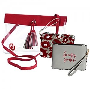 Oklahoma Sooners Clear Handbag/Purse and Reversible Sequined Wristlet Combo with Vegan Leather Trim and Removable Straps