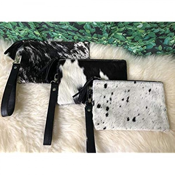 Real Cowhide Wristlet Clutch Purse Wallet Handbag Leather Lined Double Sided 8.5x5.5 Black White