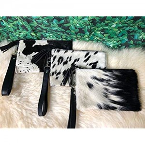 Real Cowhide Wristlet Clutch Purse Wallet Handbag Leather Lined Double Sided 8.5"x5.5" Black White