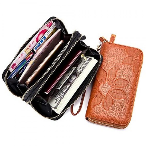 RFID Blocking Women’s Leather Wallet Double Zipper Smartphone Pocket Cash Slots Large Capacity Clutch Wristlet