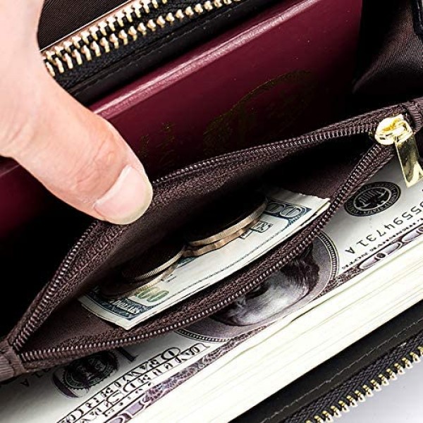 RFID Blocking Women’s Leather Wallet Double Zipper Smartphone Pocket Cash Slots Large Capacity Clutch Wristlet