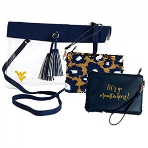 West Virginia Mountaineers Clear Handbag/Purse and Reversible Sequined Wristlet Combo with Vegan Leather Trim and Removable Straps
