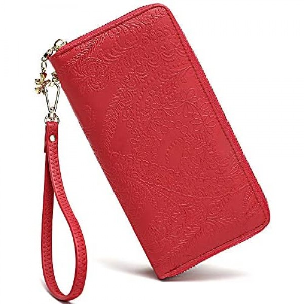 Women Large Wallet Soft PU Leather Phone Clutch Purse with Wrist Strap Zip Around