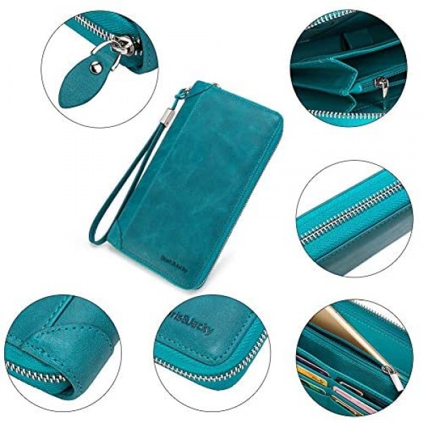Women Leather Wallet Rfid Blocking Large Capacity Zipper Around Travel Wristlet Bags