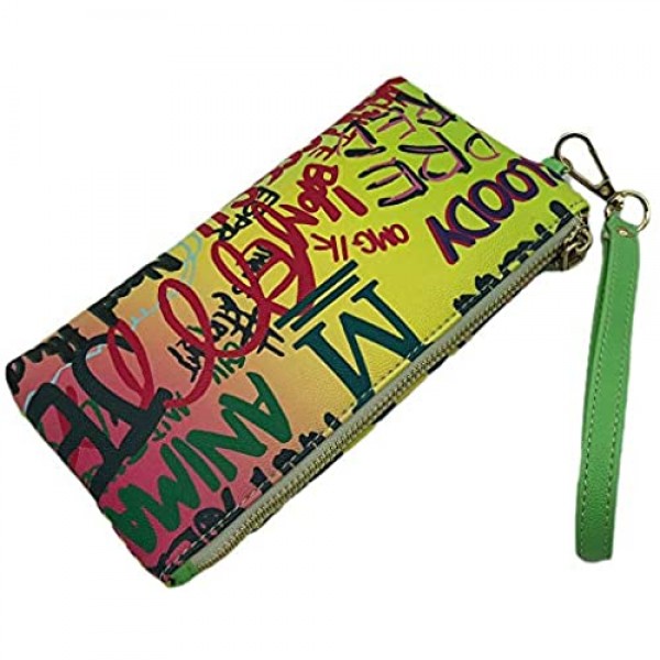 Womens Jet Set Travel Multifunction Phone Case Graffiti Zip Around Wallet Clutch with Wristlet Strap