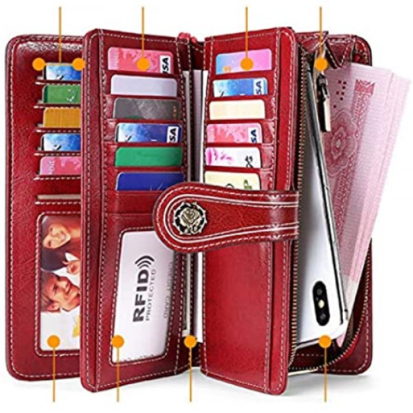 Women's RFID Blocking Leather Wallet Large Phone Holder Clutch Travel Purse Wristlet
