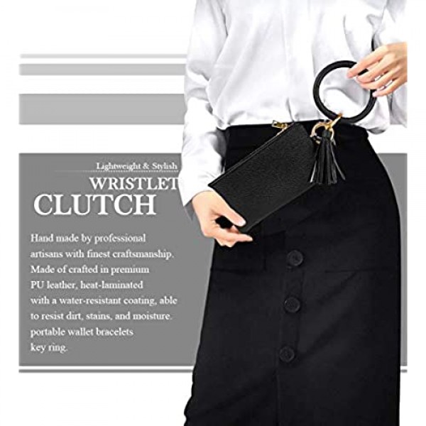 Women's Round Key Ring Wristlet Clutch Wallet Lightweight Leather Wristlet Purse with Bracelet Circle Keyring