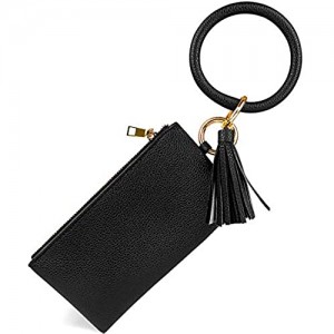 Women's Round Key Ring Wristlet Clutch Wallet  Lightweight Leather Wristlet Purse with Bracelet Circle Keyring