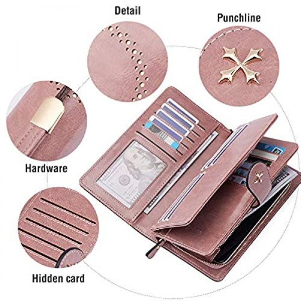 Women's Wallets Leather Large Capacity Card Holders with RFID Blocking Wristlet Clutch Purse (Pink)