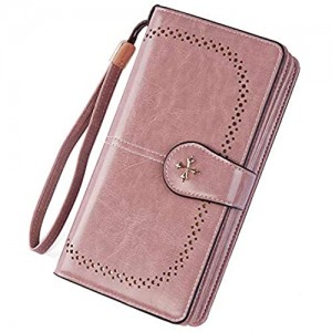 Women's Wallets Leather Large Capacity Card Holders with RFID Blocking Wristlet Clutch Purse (Pink)