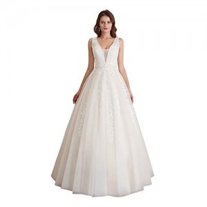 Abaowedding Women's Wedding Dress for Bride Lace Applique Evening Dress V Neck Straps Ball Gowns