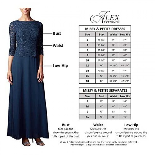 Alex Evenings Women's Long V-Neck Lace Dress with Overlay Skirt